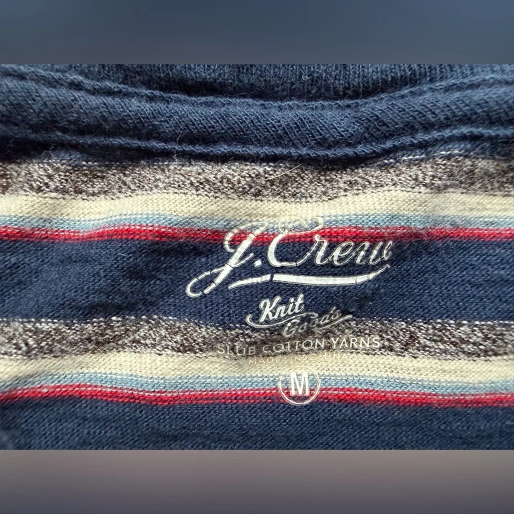 J. Crew Knit Goods Slub 100% Cotton Yarns Navy Red and Grey Striped Tee. Size M
